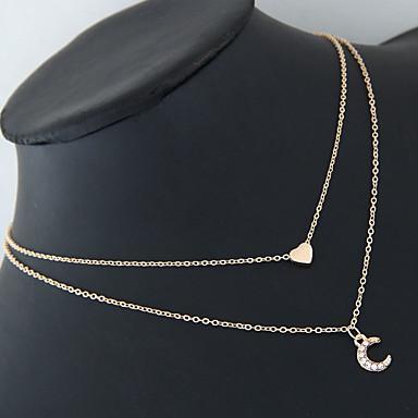 Crystal Crescent Moon and a Heart Pendant Two Layer Necklace